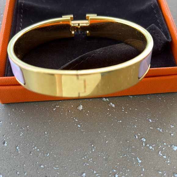Hermes Gold and Pink Enamel Clic H Beacelet - Picture 2 of 9